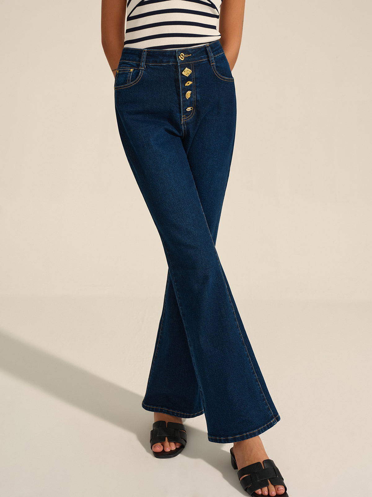 Denim Metal Decor Flared Pants