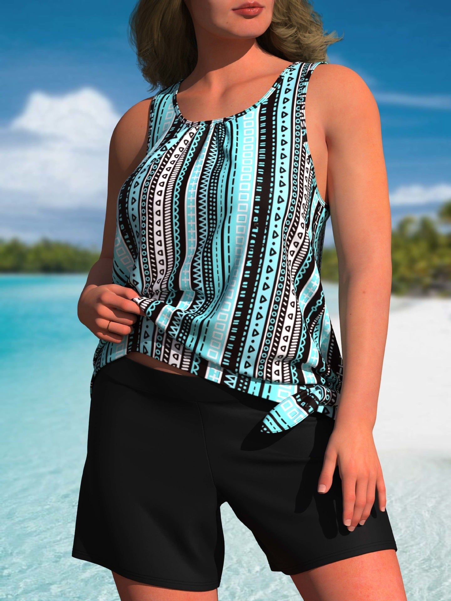 Elegant high waist tankini with tropical print