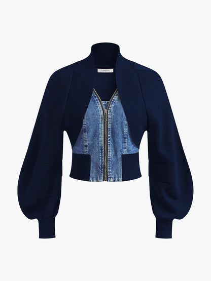Puff-Sleeve Denim Panel Slim Jacket