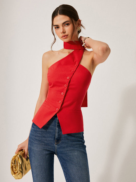 Cotton & Linen Halter Top With Decor Pockets